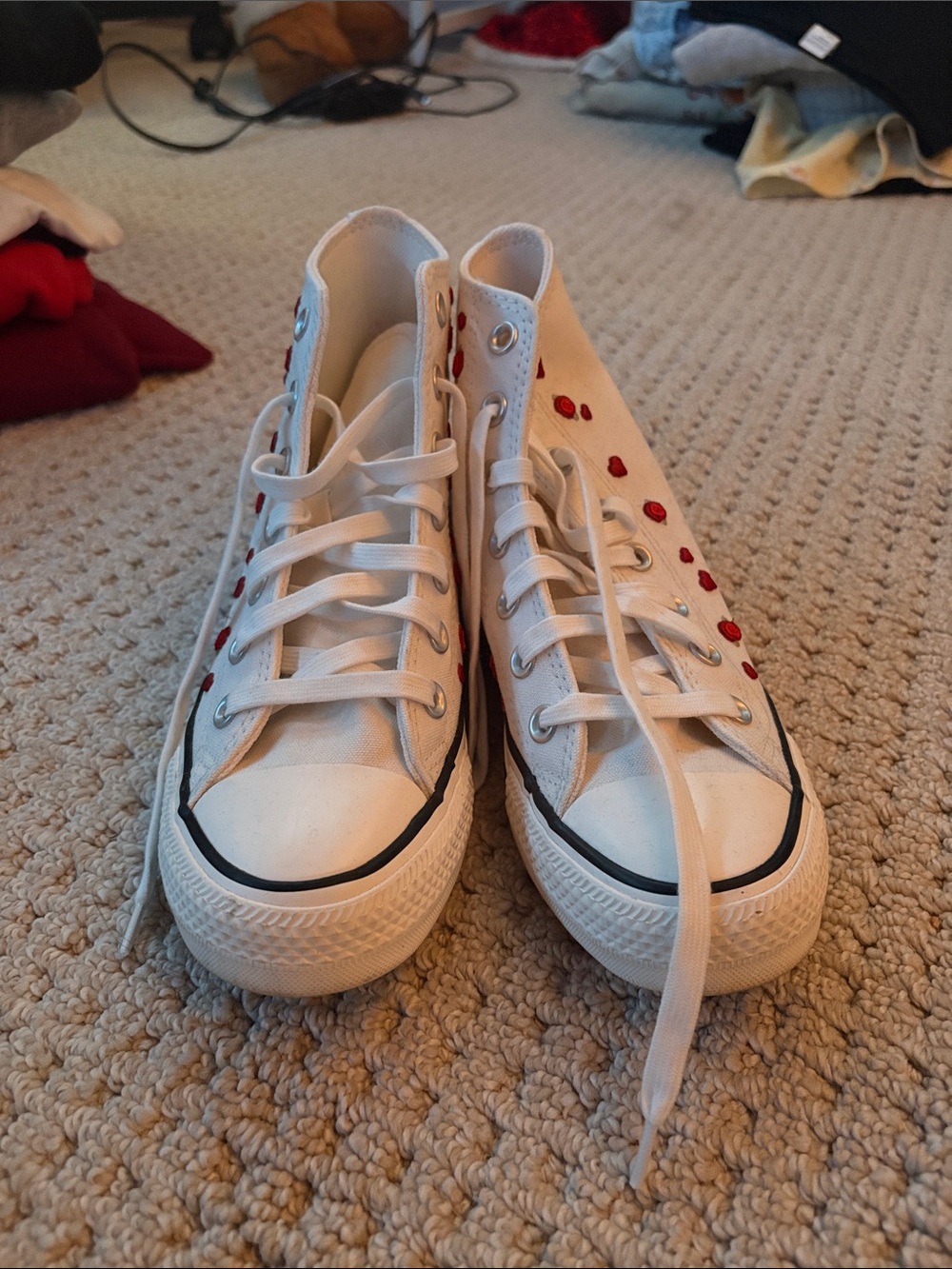 White High-Top Canvas Sneakers with Red Rose Accents